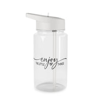 Clear BPA-free Tritan bottle with white lid and straw featuring enjoy the little things design