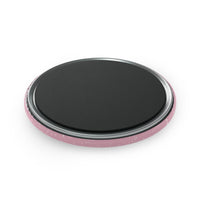 Back view of Printify eco-friendly button magnet with black magnetic surface and pink edge