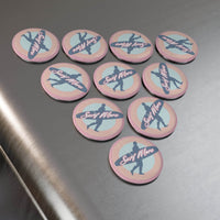 Printify eco-friendly button magnets with surf more design on stainless steel surface