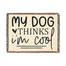 Printify eco-friendly dog blanket with My Dog Thinks I'm Cool text and fringed edges