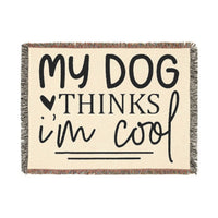 Printify eco-friendly dog blanket with My Dog Thinks I'm Cool text and fringed edges