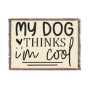 Printify eco-friendly dog blanket with My Dog Thinks I'm Cool text and fringe edges