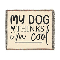 Printify eco-friendly dog blanket with my dog thinks I'm cool text design and fringed edges