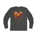 Printify eco-friendly men long sleeve shirt with Halloween pumpkin and plaid heart design