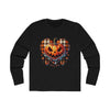Printify eco-friendly men long sleeve shirt in black with Halloween pumpkin heart graphic