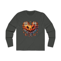 Printify eco-friendly men long sleeve shirt with Halloween pumpkin heart design on dark fabric