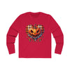 Printify red eco-friendly men long sleeve shirt with Halloween pumpkin heart graphic