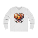 White eco-friendly men long sleeve shirt with Halloween pumpkin and plaid heart design