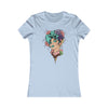 Light blue eco-friendly women's t-shirt by Printify with colorful artistic face and floral design