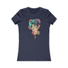 Printify eco-friendly women's t-shirt in navy with colorful floral woman face graphic design