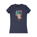 Printify eco-friendly women's t-shirt in navy with colorful floral woman face graphic design