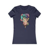 Printify eco-friendly women's t-shirt in navy with colorful floral woman face graphic design