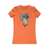 Printify eco-friendly women's t-shirt in orange with colorful artistic face and floral design