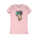 Pink eco-friendly women's t-shirt by Printify featuring colorful artistic graphic of a woman's face with plants