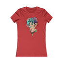 Printify eco-friendly women's t-shirt in red with artistic floral and female face design
