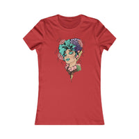 Printify eco-friendly women's t-shirt in red with artistic floral and female face design
