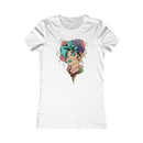 White Printify eco-friendly women's t-shirt featuring colorful artistic female face graphic
