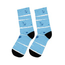 Printify blue recycled poly socks with anchor and heart pattern and black toe and heel