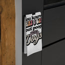 Printify sustainable kitchen towels hanging on black kitchen cabinet handle with text design