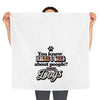 White sustainable kitchen towels with dog-themed quote print held by person