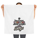 White sustainable kitchen towels with dog-themed quote print held by person