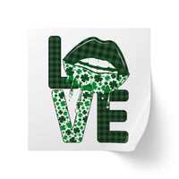 Sustainable square sticker rolls featuring green plaid and shamrock lips design with love text