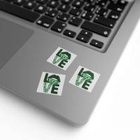 Printify sustainable square sticker rolls with green love design on laptop surface