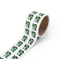 Roll of sustainable square sticker rolls with green love design by Printify on white background