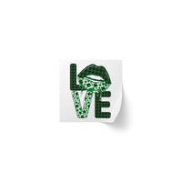 Printify sustainable square sticker rolls with green plaid and shamrock love design featuring lips
