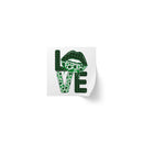 Printify sustainable square sticker rolls with green St Patrick's Day lips and love text design
