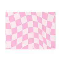 Printify sustainable uncoated posters featuring a pink and white wavy checkerboard pattern