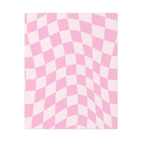 Printify sustainable uncoated posters featuring pink and white wavy checkerboard design