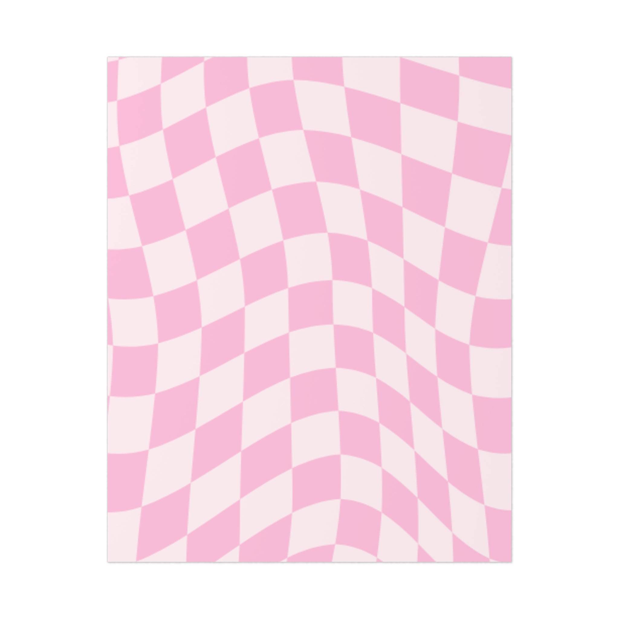 Printify sustainable uncoated posters featuring pink and white wavy checkerboard design