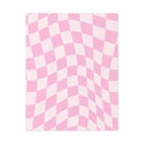 Pink and white checkered optical illusion design on sustainable uncoated posters by Printify