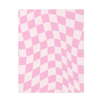 Pink and white checkered optical illusion design on sustainable uncoated posters by Printify