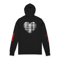 Printify black sustainable unisex hoodie with plaid heart design on back and red text on sleeves