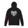 Printify black sustainable unisex hoodie with plaid heart design on front and red text on sleeves