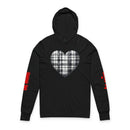 Printify black sustainable unisex hoodie with plaid heart design on front and red text on sleeves