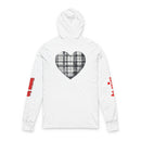 White sustainable unisex hoodie by Printify with plaid heart design on back and red text on sleeves