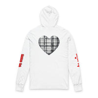 White sustainable unisex hoodie by Printify with plaid heart design on back and red text on sleeves