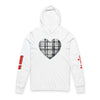 Printify white sustainable unisex hoodie with black plaid heart design and red sleeve text