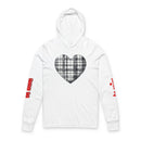 Printify white sustainable unisex hoodie with black plaid heart design and red sleeve text