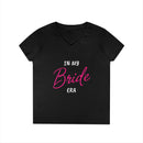 Printify black v neck womens t shirt with pink and white In My Bride Era print eco-friendly bride t-shirt
