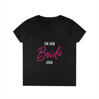 Printify black v neck womens t shirt with pink and white In My Bride Era print eco-friendly bride t-shirt