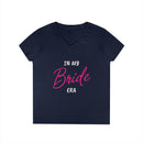 Navy V neck women tee with In my Bride Era pink script text from Printify eco-friendly bride t-shirt