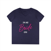 Printify navy v neck t shirt with pink script reading In my Bride era eco-friendly bride t-shirt for bachelorette party