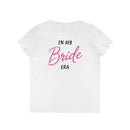 Printify white womens eco-friendly bride t-shirt with pink script Bride and In My Era text on back