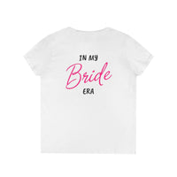 Printify white womens eco-friendly bride t-shirt with pink script Bride and In My Era text on back