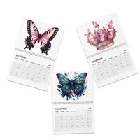 Printify butterfly design 2025 calendar with pink and blue butterfly artwork for October, November, and December