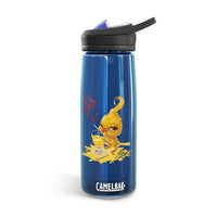 Blue Camelbak eco-friendly water bottle with yellow cartoon chick and sip design